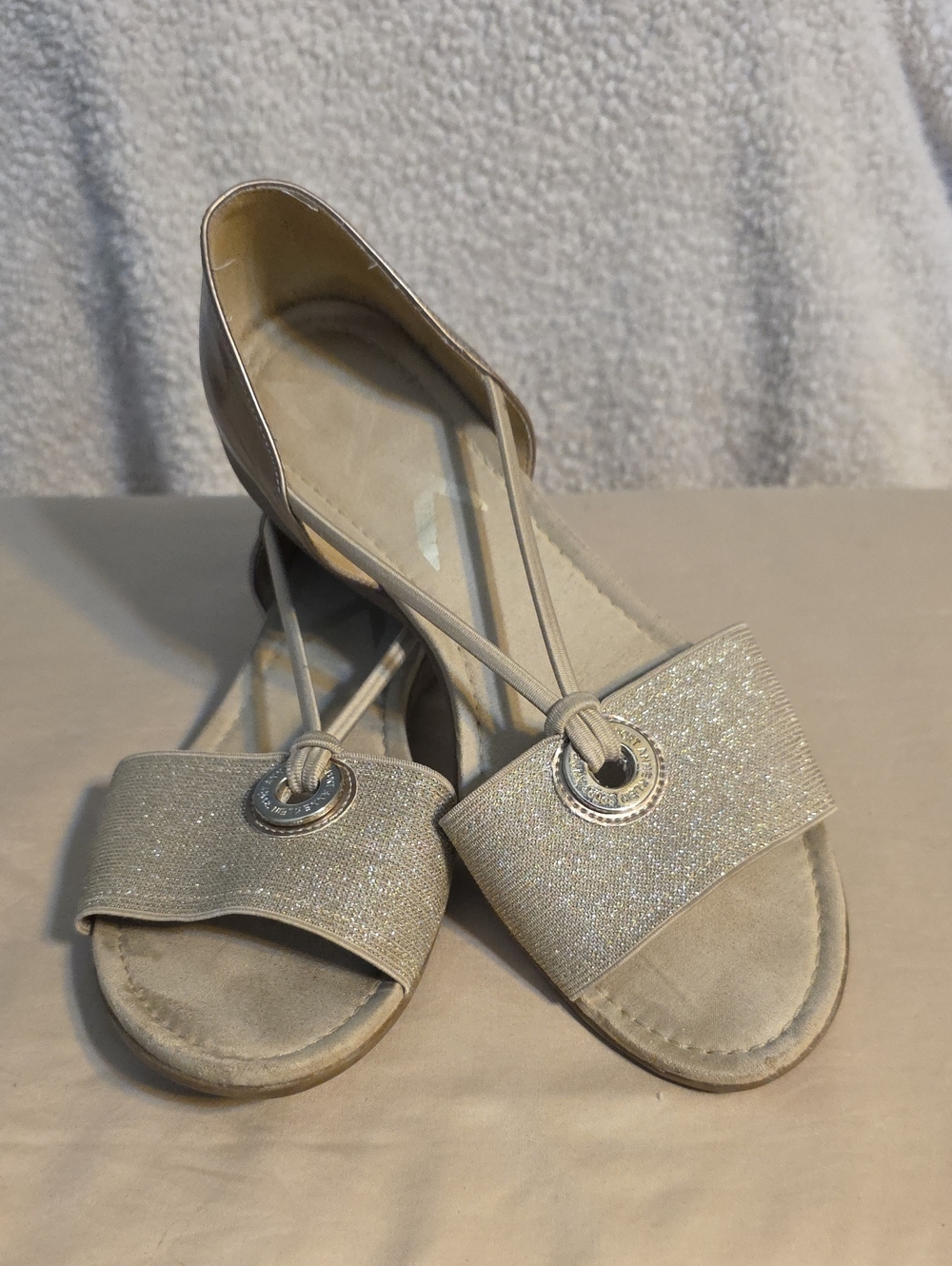 Anne Klein Sparkle Golden Tan Open-Toe Flats